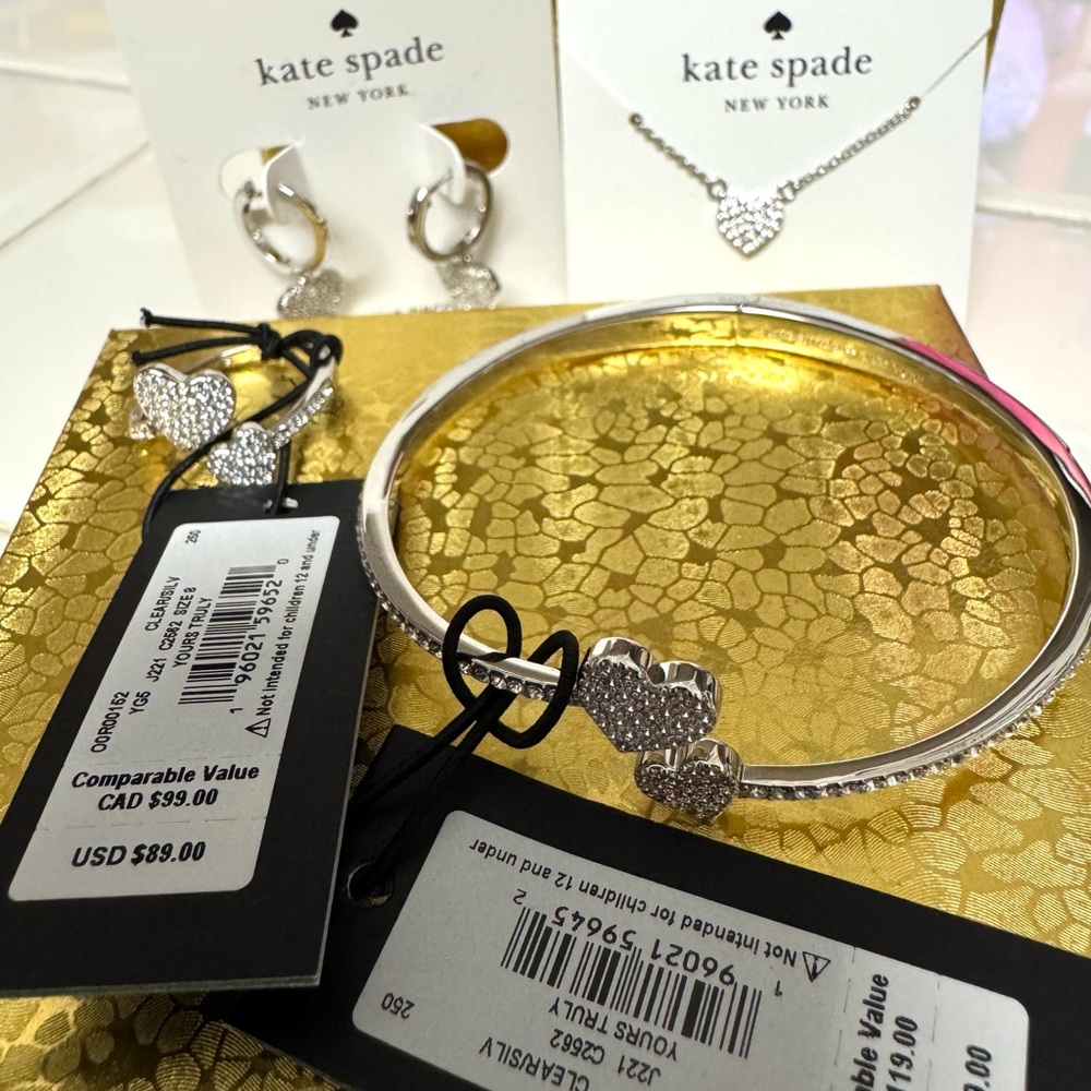 SOLD:  NWT: Kate Spade Silver Heart BUNDLE: necklace, earrings, bangle & ring!!